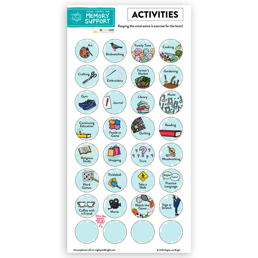 Weekly Activities Sticker Sheet for Memory Care includes various fun weekly activities for brain health including social activities and hobbies.