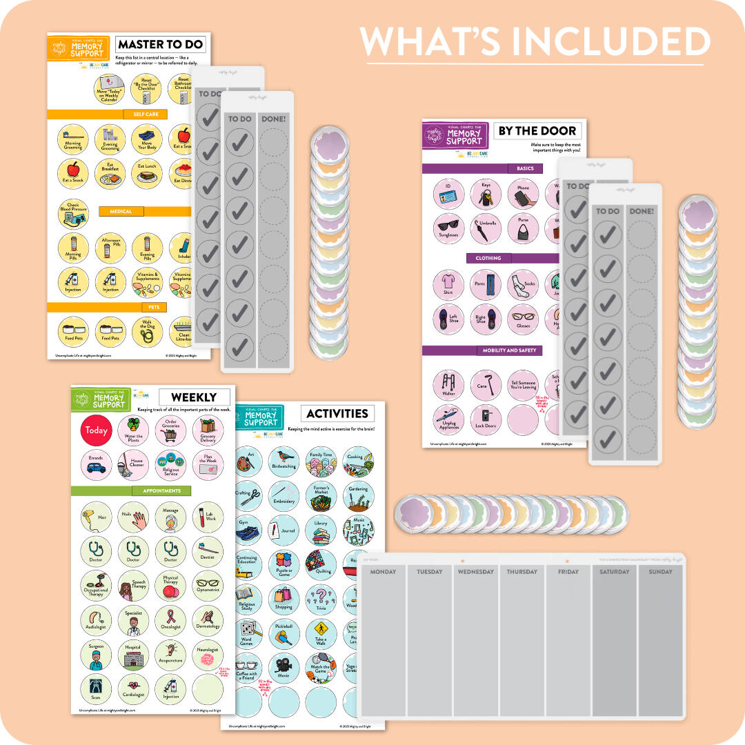 What's included in the full bundle for memory support from Mighty + Bright: Master to do chart, By the door checklist, and weekly calendar.